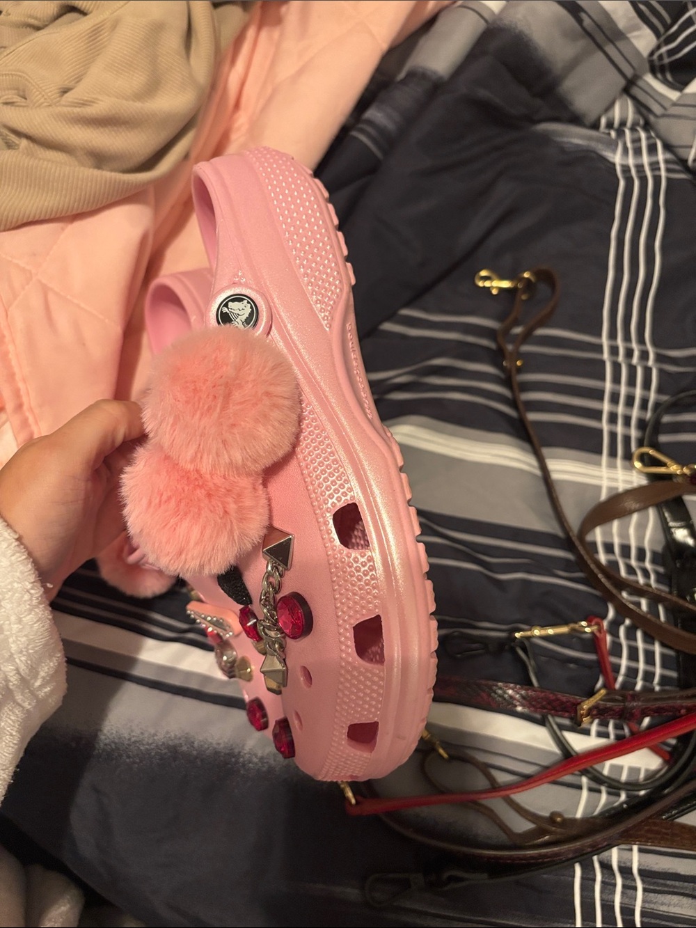 Croc flamingo Pink Jeweled Clog Sandals with Pom Pom - Picture 2 of 4